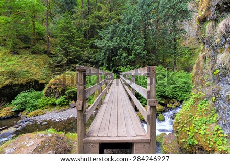 Wooden Foot Bridge Over Creek in Wahclella Falls Trail in Columbia River Gorge Oregon