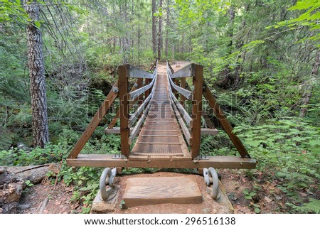 Suspension Bridge Over Falls Creek in Gifford Pinchot National Forest Hiking Trail in Washington State Front View