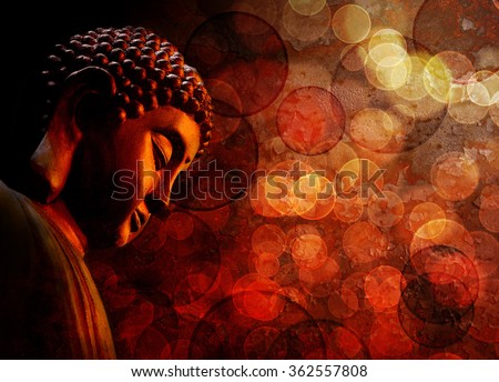 Bronze Zen Buddha Statue Meditating with Blurred Textured Red Background