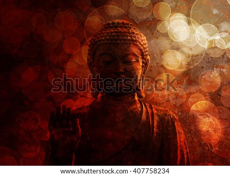 Bronze Zen Buddha Statue Raised Palm with Blurred Textured Red Background
