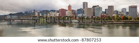 City of Portland Oregon Skyline along Willamette River in the Fall