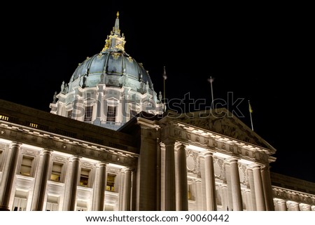 San Francisco City Hall against Dark Night Sky at Civic Center Historic District in California