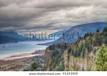 Columbia River Gorge Scenic View with Crown Point and Beacon Rock from Oregon Viewpoint