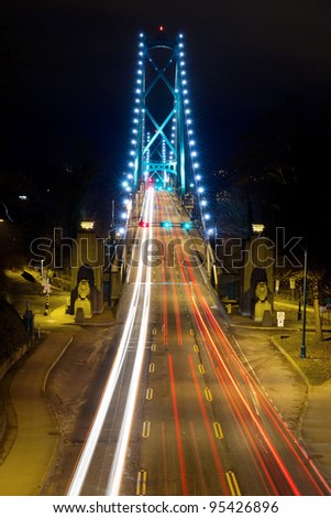 Light Trails on Lions Gate Bridge in Vancouver BC Canada at Night