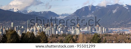 Vancouver BC Canada City Skyline and Snow Capped Mountains Panorama