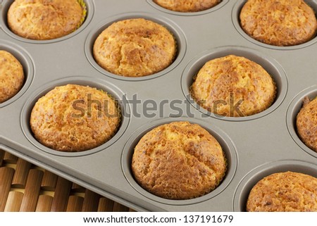 freshly made  muffins in a baking tray