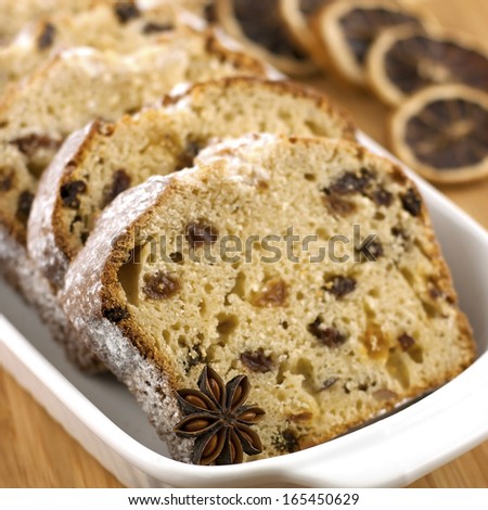 Traditional homemade cake with dried fruits and nuts. Selective focus