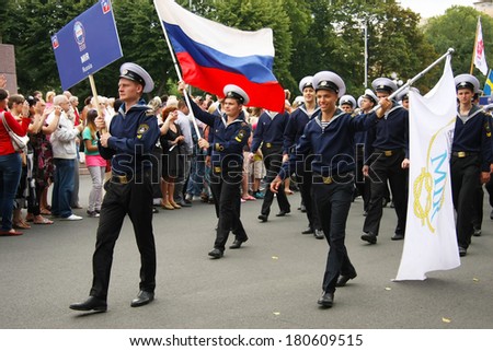 RIGA, LATVIA -  JULY 27: Crew Parade during the  second stage of the World Cup The Tall Ships Races 2013 in Riga,  paraded through the streets of Riga, Latvia, July 27, 2013