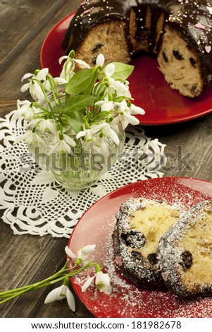 Easter still life with cake and flowers