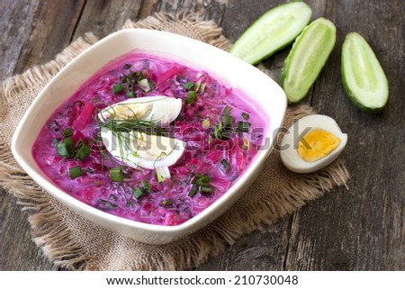Traditional  Russian cold  soup made of beets, cucumbers and herbs with egg and sour cream