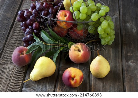 Juicy flavorful pears, grape, nectarines and peaches in basket
