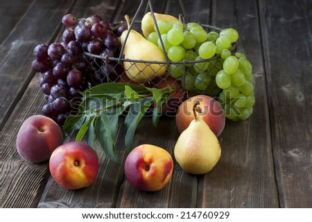 Juicy flavorful pears, grape, nectarines and peaches in basket