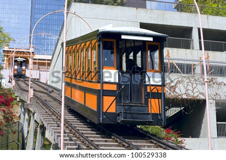 Funicular railroad at Angels Flight in Bunker Hill district of downtown Los Angeles California