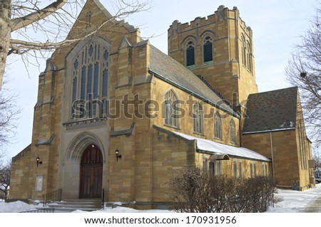 Neo gothic style church architecture in Saint Paul\'s west side neighborhood