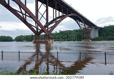 Flooded Mississippi River and High Bridge in Saint Paul Minnesota