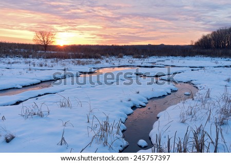 sun setting on snow covered wetlands of minnesota valley wildlife refuge in eagan and bloomington minnesota