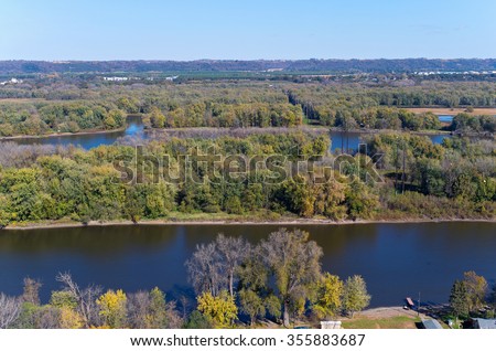 aerial view of mississippi river channels and backwaters in wisconsin from atop barn bluff in red wing minnesota