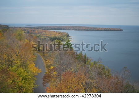 View of Green Bay and Sturgeon Bay in Wisconsin\'s Door County from atop observation tower in Potawatomi State Park