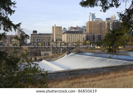 Upper Saint Anthony Falls of Mississippi River in downtown Minneapolis Minnesota