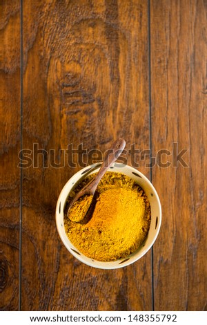 Decorative ceramic bowl filled with yellow curry powder.  There is a wood spoon in the bowl. The bowl is shot on a wood surface.