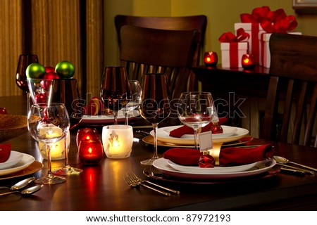 Elegant Dining Room Table decked out for Christmas Dinner.