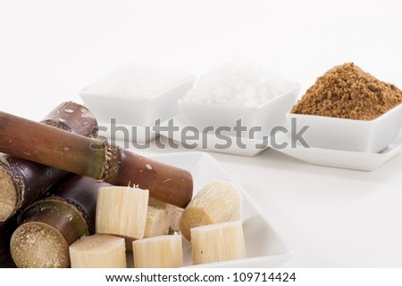 White, Rock, Brown Sugar in bowl and sugar cane