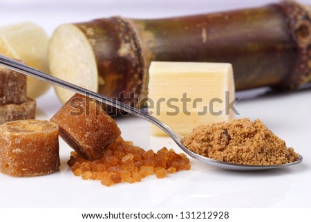 Various kinds of sugar, brown sugar, reed sugar, sugar cane and cane.