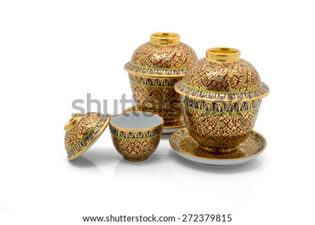 Antique Chinese tea bowl set,  isolated on white background