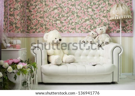 White And Pink Room With Flowers Teddy Bears White Sofa And Lamp