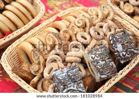 delicious barankas cookies and spice cakes on wicker dishes  beautiful food desing to kid party