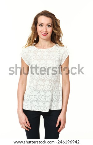 beautiful business woman fashion model in summer white sleeveless blouse