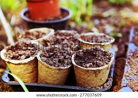 pots with soil for garden sprouts on the spring outdoor country background