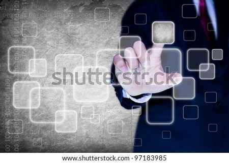 hand of business man pushing a button on a touch screen interface