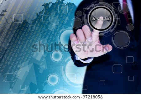 hand of business man pushing a button on a touch screen interface