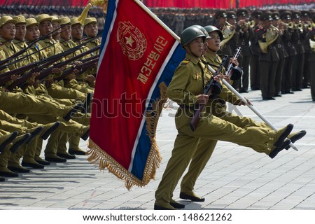 PYONGYANG, NORTH KOREA - CIRCA JULY 2013 : North Korean soldiers at the military parade in Pyongyang of the 60th anniversary of the conclusion of the Korean War. Pyongyang, North Korea. Circa July 2013