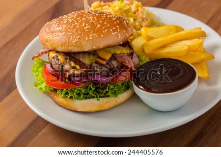 burger with bbq sauce and chips