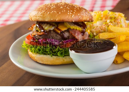 burger with bbq sauce and chips