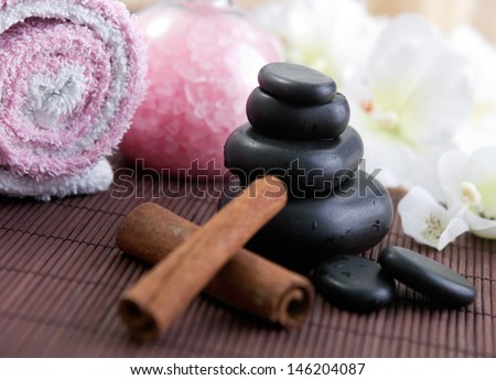 zen hot stone, relax concept and dried sticks of vanilla