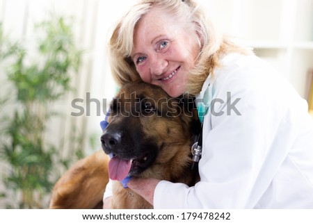 portrait of smiling senior veterinarian woman  calms German shepherd  dog