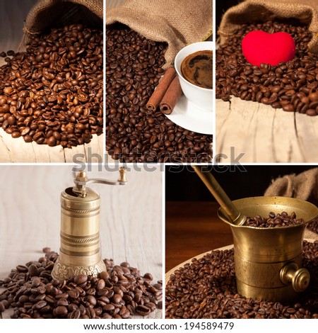 Collage of coffee details. Coffee antique grinder, coffee beans