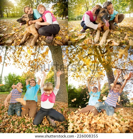 Collage of young children in the park with German Shepherd