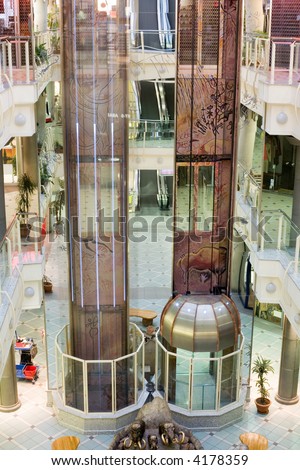 elevators in a multilevel shopping mall