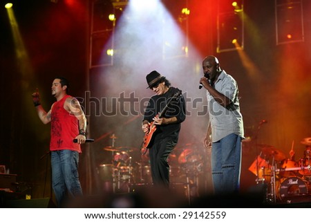 BUDAPEST, HUNGARY - JUNE 28: Carlos Santana performing his band on T-Mobile concert in Budapest, Hungary on June 28 2008