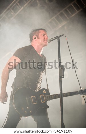 BUDAPEST-JULY 24: Nine Inch Nails band performs on stage at SYMA Sport and Event Centre stage July 24, 2009 in Hungary