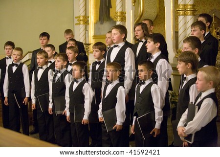 BUDAPEST-OCTOBER 6: Members of the Boy Choir of Munkacs perform at an Greek Catholic Church (conductor: Volodimir Volontir) October 6, 2009 in Budapest, Hungary