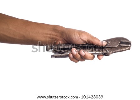 Locking pliers in the mechanics hand.