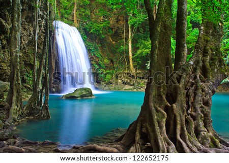 Waterfall  beautiful (erawan waterfall) in kanchanaburi province asia southeast asia Thailand