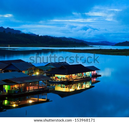 Morning light at Waterfront home and Home in the water and raft in Sangklaburi kanchanaburi Province Asai Thailand