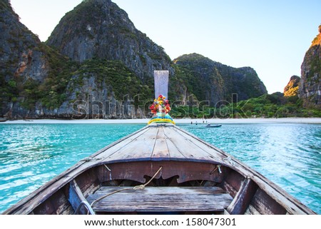 Ship Nose Front View Long tail boat at Phi Phi Islands sea Asia Thailand