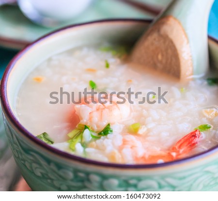 Asian style breakfast soft boiled rice, rice soup Thailand food